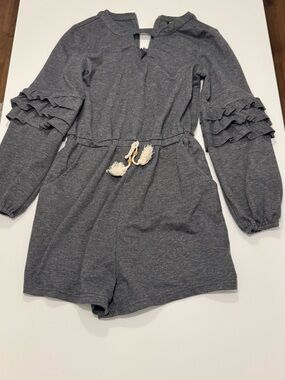 Kids Gray Ruffle-Sleeve One-Piece Romper with Tassel Tie